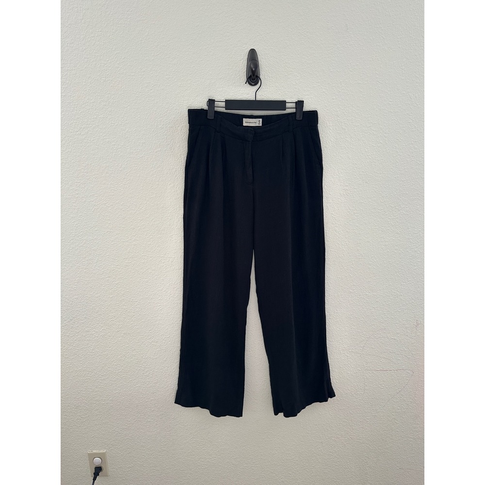 Abercrombie & Fitch Linen Blend Trousers 29/8L Black Wide Leg Pleated Office